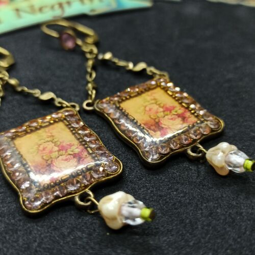 Michal Negrin Earrings Long Roses Drop Flower With Pink Swarovski Crystals Gift - Picture 4 of 12