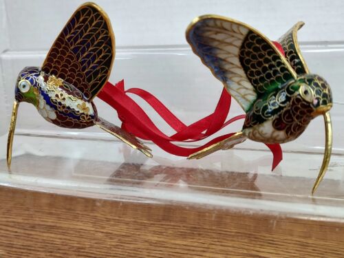 Cloisonne 2 Vibrant Colorful Hanging Brass Humming Birds Ornament Velvet Box NEW - Picture 1 of 12