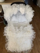 ROMANY PRAM PUSHCHAIR CREAM FRILLY COSYTOES FOOTMUFF + HOOD TRIM PERSONALISATION