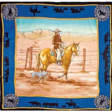 Wyoming Traders Wild Rag Palomino Horse Cowboy Print Blue Silk Scarf - 34.5"