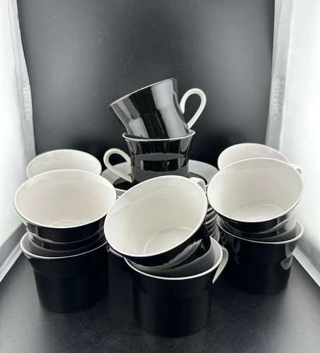 VINTAGE MCM 1970's MIKASA DUPLEX BLACK BEN SEIBEL CUPS & SAUCERS - SET OF 12