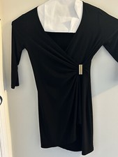 Small CALVIN KLEIN Womens Black 3/4 Sleeve Below The Knee Faux Wrap Dress-Gold