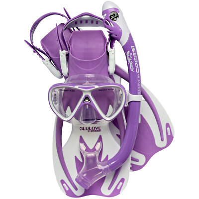 Used Cressi Junior Rocks Dry Mask Fin Snorkel Set-Lilac / White-Small / Medium