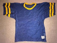 VTG 70 80S MENS BLUE YELLOW STRIPE FOOTBALL JERSEY PLAIN BLANK MESH NYLON SHIRT