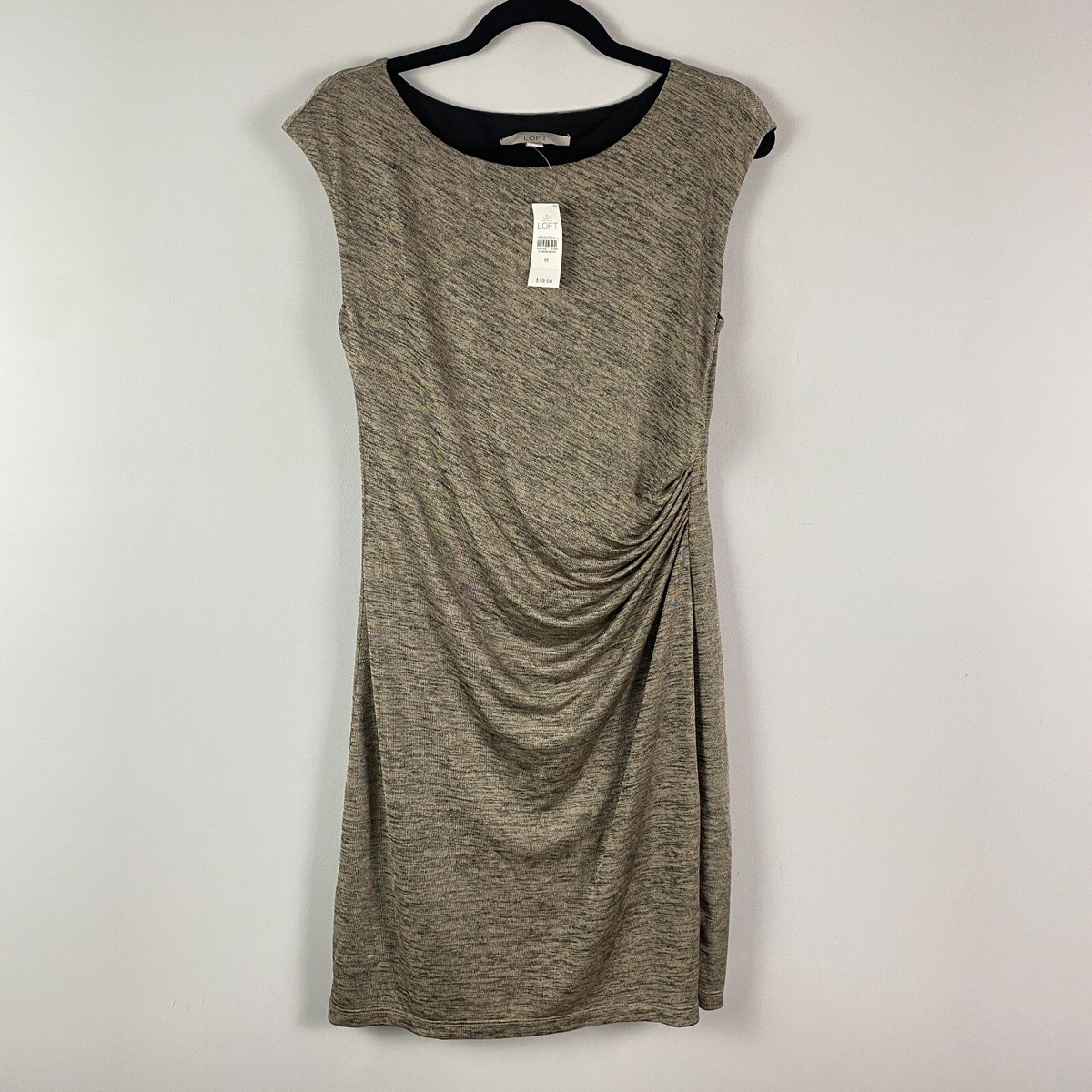 LOFT Gold Ruched Sheath Dress Size Medium Cap Sleeve Stretch