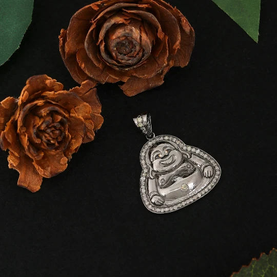 Pingente budista colar rindo Buda pingente de prata pingente de diamante  - Imagem 2 de 2