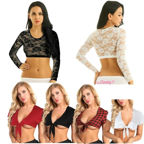Womens Lace Crop Top Sexy Vest Tie Up T 