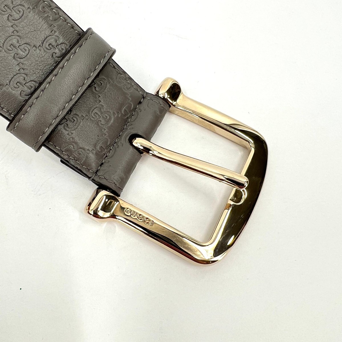 GUCCI Belt Womens 80 Gray Microguccisima GG Leather Gold