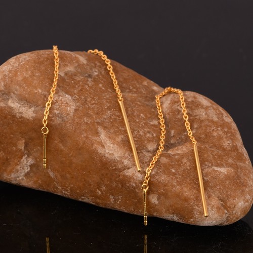18k Gold Plated Long Round Link Chain Ear Threader 925 Sterling Silver Earrings - Picture 5 of 7