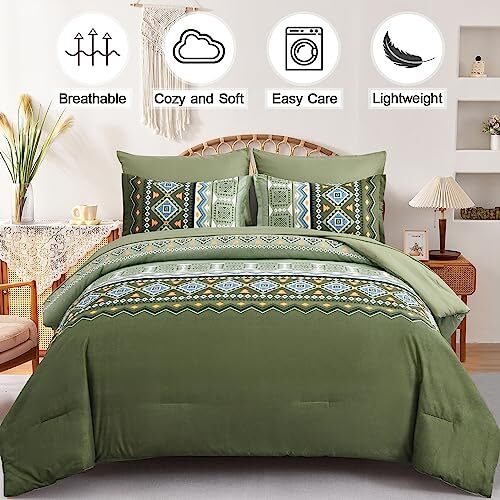 Boho Comforter Set Size, 7 Pieces Bed in a Bag Olive Comforter and
