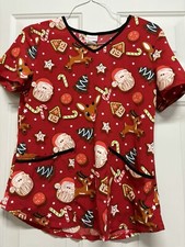 Rudolph Red Christmas Medical Scrub Top Spandex Stretch Small Santa Candy Canes