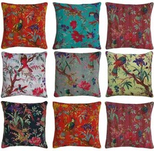 Indian Handmade Kantha Stitch Cushion Cover Bird Pattern Pillow Case Ethnic 16"