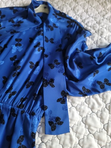 Striking Vintage ALBERT NIPON 100% Silk Blue Butterfly Dress w Tie - Size *12/14 - Picture 11 of 14