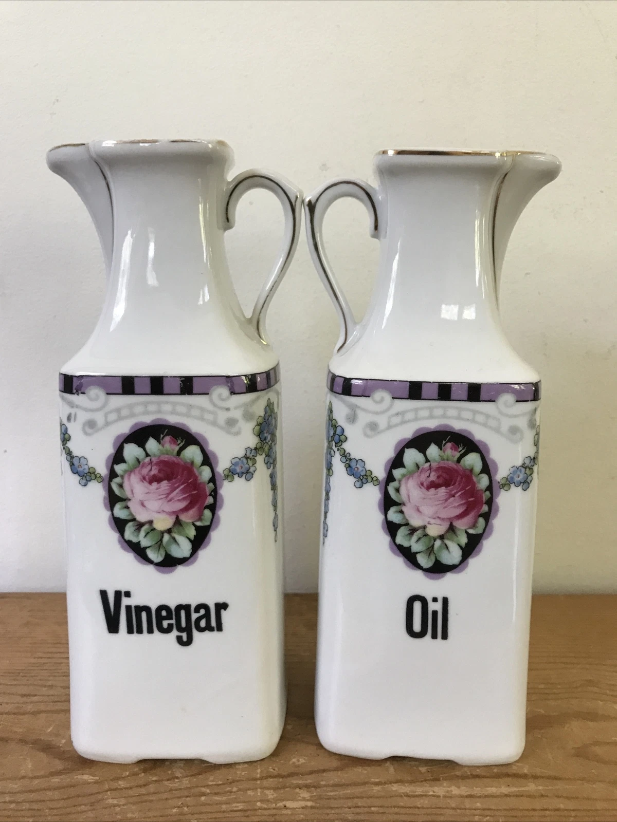 Pair 2 Vtg Schwarzburg Floral Porcelain Oil Vinegar Pitchers Cruets Dispensers