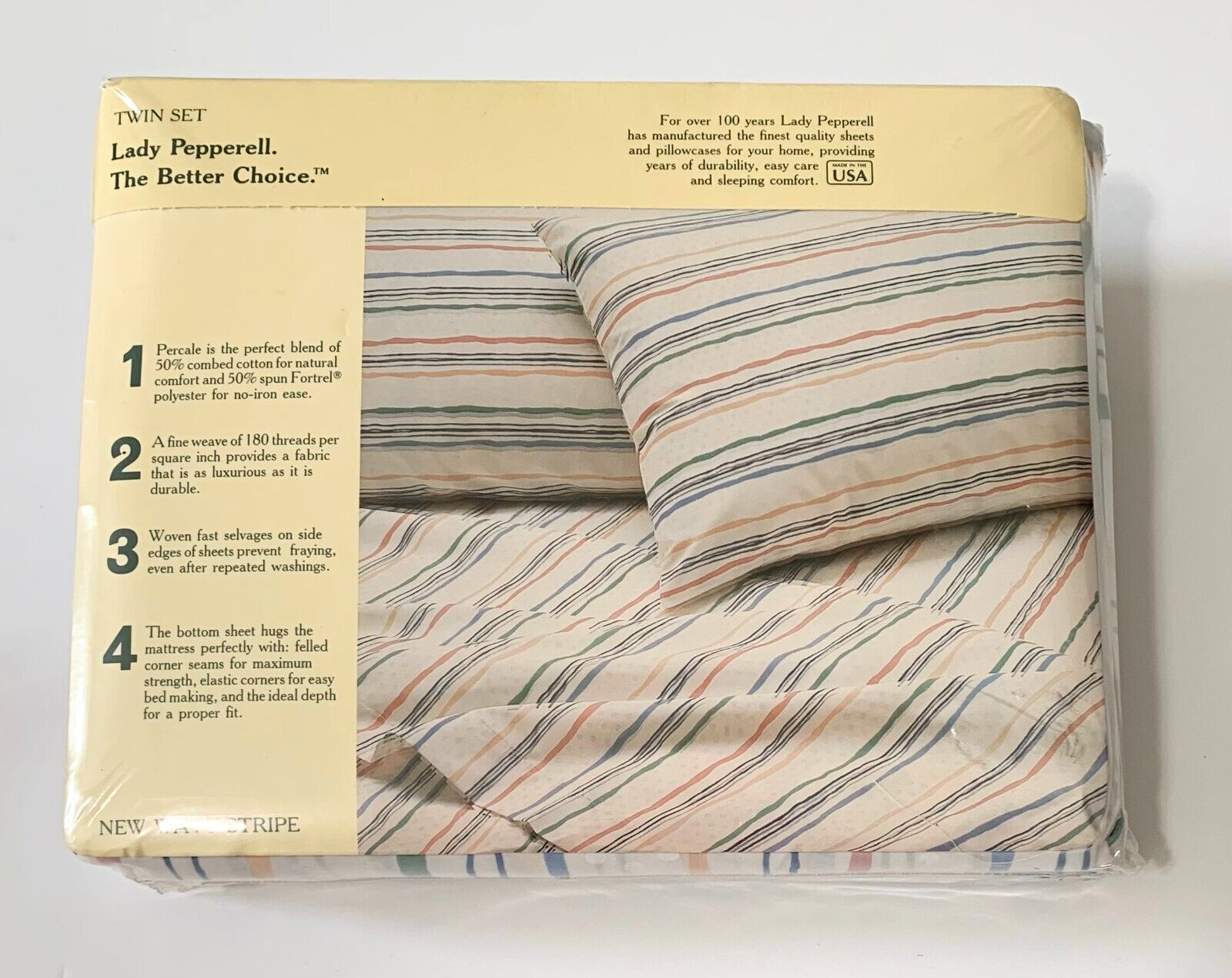 Lady Pepperell Percale 3 Piece Twin Sheet Set NEW WAVY STRIPE Vintage