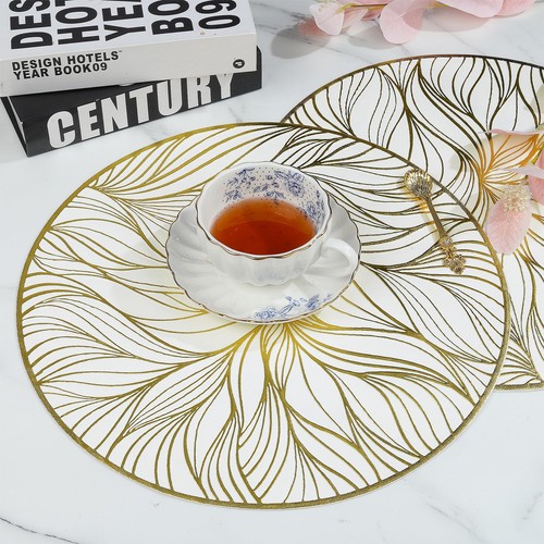6 Pack White Round PVC Placemats Golden Leaves 15-Inch Wedding Decorative - Picture 3 of 6