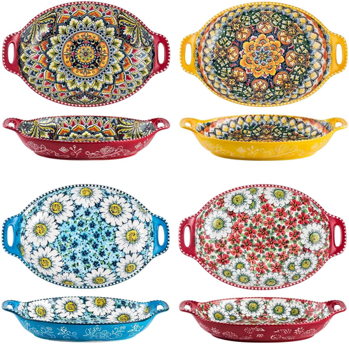 Home Ceramic Pasta Plates with Handle, Porcelain Floral Salad Plates Set of 4, - Picture 8 of 12