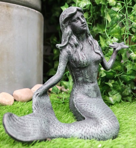 13 Zoll L Gusseisen große nautische Sirene Meerjungfrau hält Seestern Verdi grüne Statue - Bild 9 von 9
