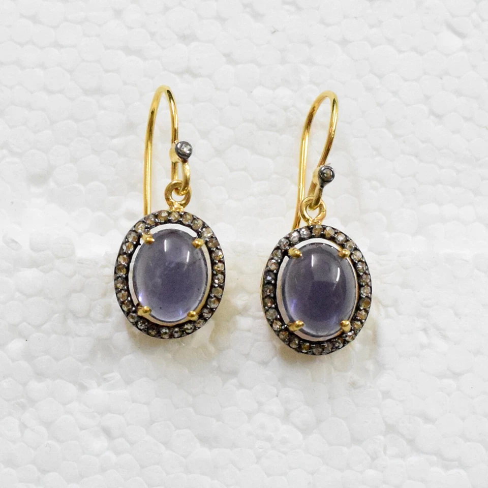 Iolite Gemstone 14K Gold Diamond Pave Hook Earrings 925 Silver Fine Gift Jewelry - Image 2 of 4
