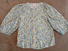 H&M Linen Blend Button Up Blouse W/puff Sleeves Size XS Yellow Floral Print EUC