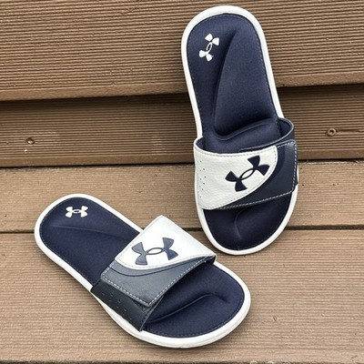 Under Armour Boys Ignite VI Slides Sandals White Navy Blue 3022728-100 Size 2Y