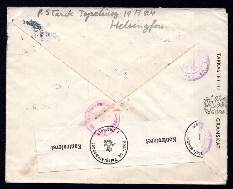 FINLANDIA 1943 DINAMARCA GUERRA CENSURADA CON ETIQUETAS Y MARCAS Foto 2 de 2