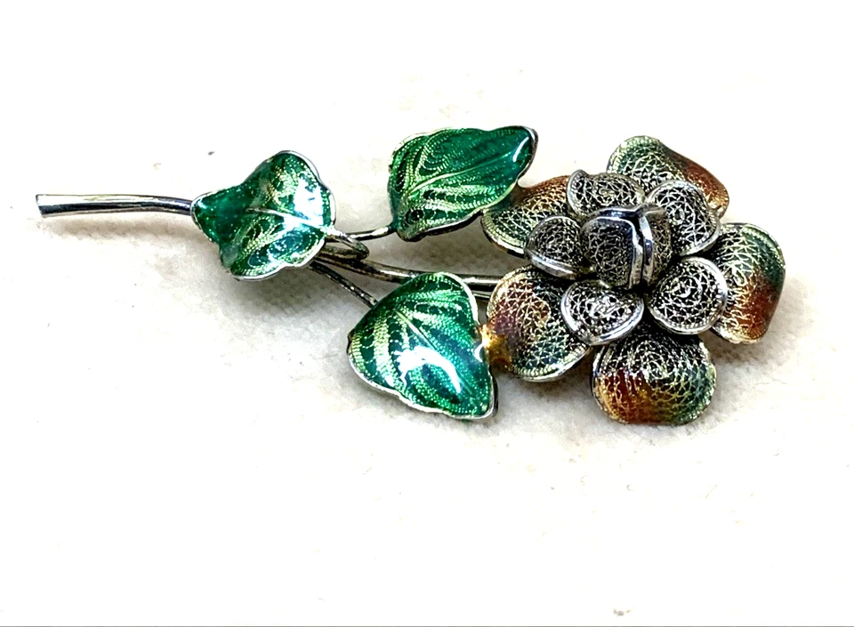 ROSA IN FILIGRANA D'ARGENTO 800 DORATA E SMALTO A FUOCO ( Genova) - Immagine 2 di 4