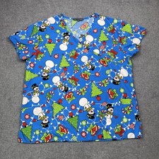 Womens Fashion Medical Nursing Scrub Top Blue Base Snowman Tree XL