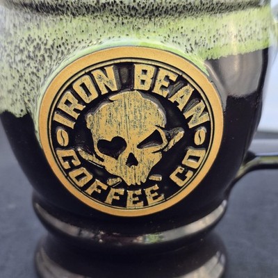 Deneen Pottery Iron Bean Coffee Co Skull Logo Coffee Mug Green Black USA