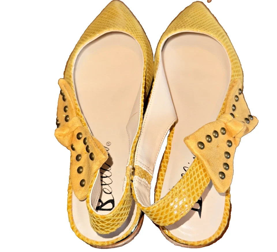复古 Bellini 露背尖头鞋 尺寸 6 M 黄色蛇皮印花蝴蝶结 — 第 4/4 张图片