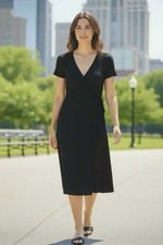St John Knits Black Textured Wrap Dress Short Sleeve V-Neck Belted SJK Vintage