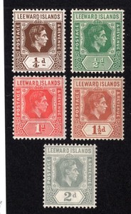 Leeward Islands 1938 Short Set of 5 Geo. VI, 1/4p to 2p, Scott 103-107 MH