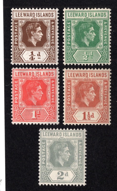 Leeward Islands 1938 Short Set of 5 Geo. VI, 1/4p to 2p, Scott 103-107 MH