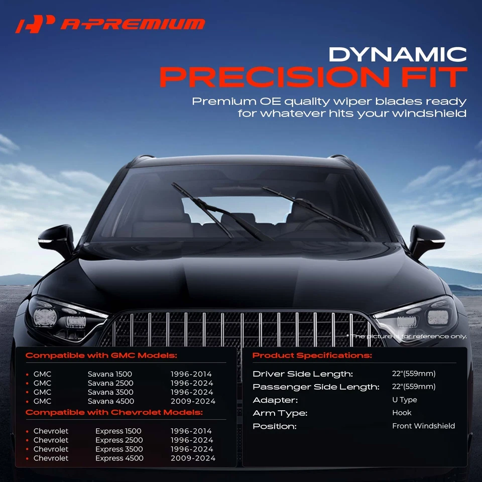 A-Premium 2x limpiaparabrisas delantero 22" y 22" para Chevy Express 1500 2500 Foto 2 de 4