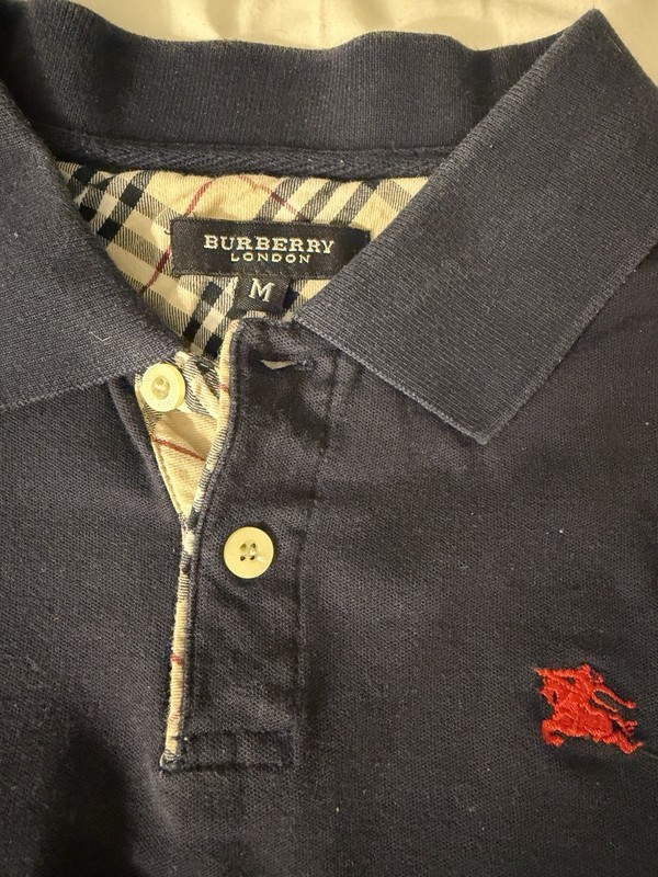 Burberry Girls Medium M Nova Check Print Collar Cap Sleeve Navy Blue Polo Shirt