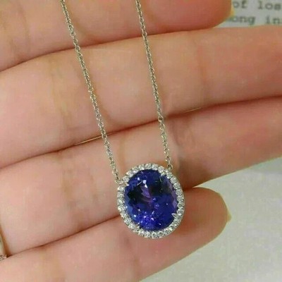 3Ct Oval Cut Lab Created Blue Tanzanite Halo Pendant 14K White Gold Plated