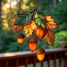 Autumn Leaves And Acorns Acrylic Suncatcher, Fall Decor Gifts For Nature Lovers