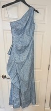 Blue One Shoulder Ruffle Formal Gown Dress for Women, Long Sleeveless