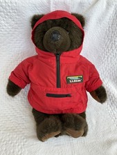 Vintage LL Bean Plush Brown Teddy Bear W/ Red Rain Parka Anorak Jacket