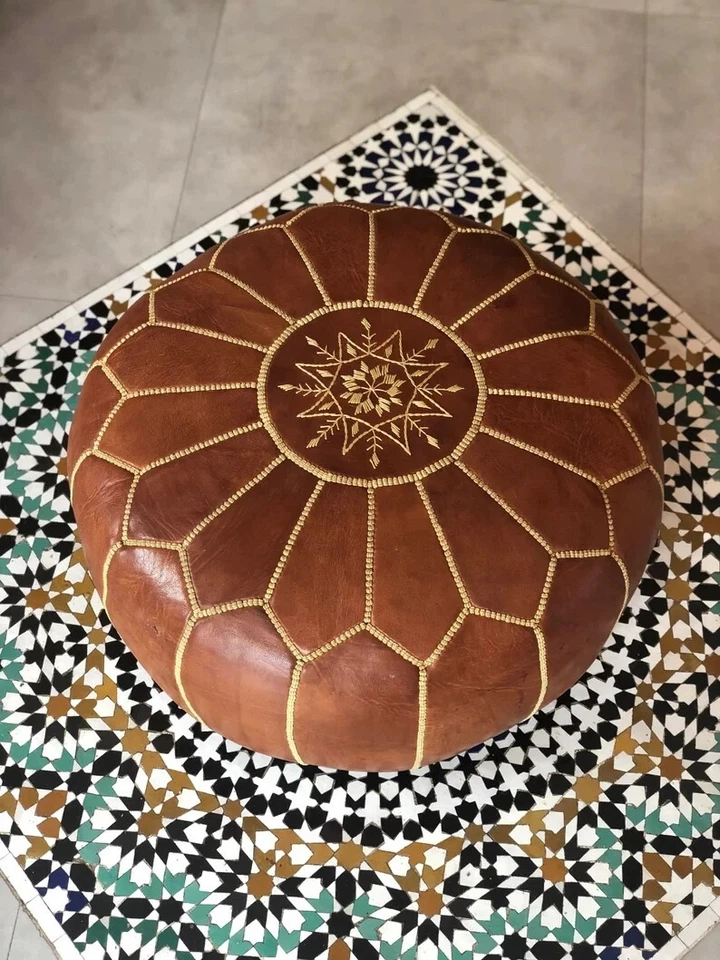 Leather 24'' Footrest Handcrafted Hassock Round Ottoman Brown New Home Decore - Image 3 of 4