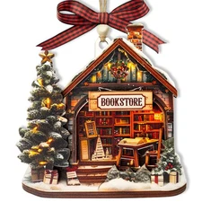 Vintage Bookstore Christmas Ornament, 3D Layered Wooden Book Ornaments Holida...