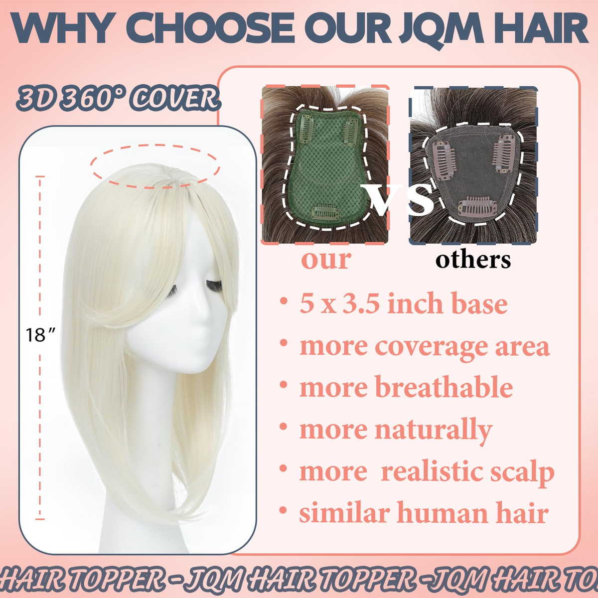 18-Inch Hair Toppers for Women with Thinning Hair, 3D Clip 