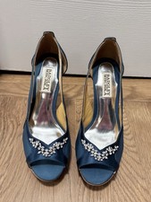 Badgley Mischka Teal Blue Satin Peep Toe Heels Embellished Crystal Sparkle Sz 7M