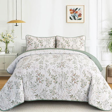 Queen Size Quilt Sets Green Floral Pattern Quilt Bedding Set, 3 Pieces Botanical