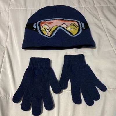 Boys Blue Knit Hat and Gloves Set One Size Mountain Graphic Winter Accessory