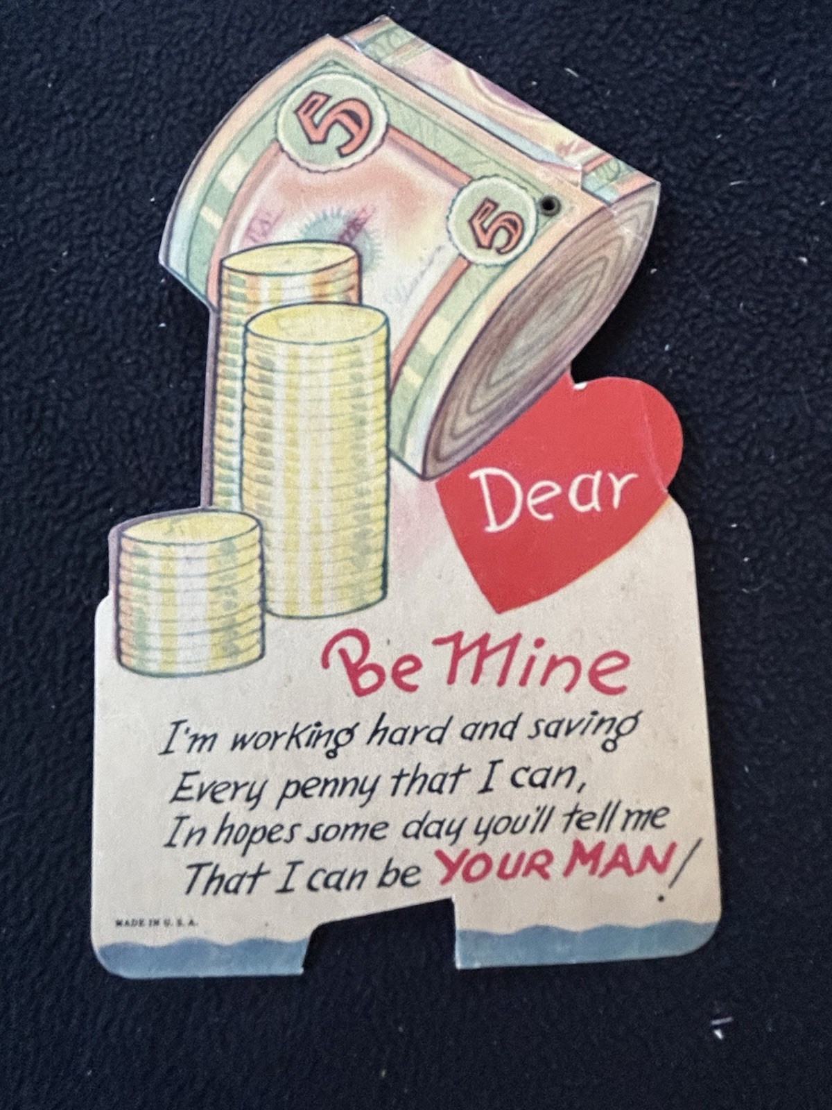 Vintage 1950s Valentine Card Money Cash Roll Coins Mechanical Moveable Ephemera
