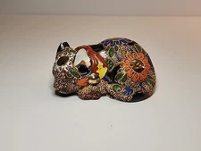 Vintage Japanese Kutani Moriage Porcelain Multicolor Gilded Sleeping Cat READ