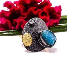 Neon Blue Apatite Black  Gold Plated 925 Sterling Silver Ring s.8 Sku20