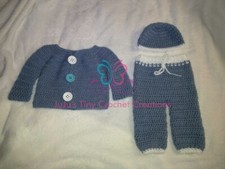 Blue Baby Layette Gift Set Sweater Pants Hat Outfit Baby Shower Gift Photo Prop