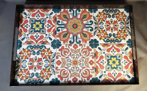 Vintage Pier 1 Imports Metal & Ceramic Tile Serving Tray, EUC - Picture 2 of 11